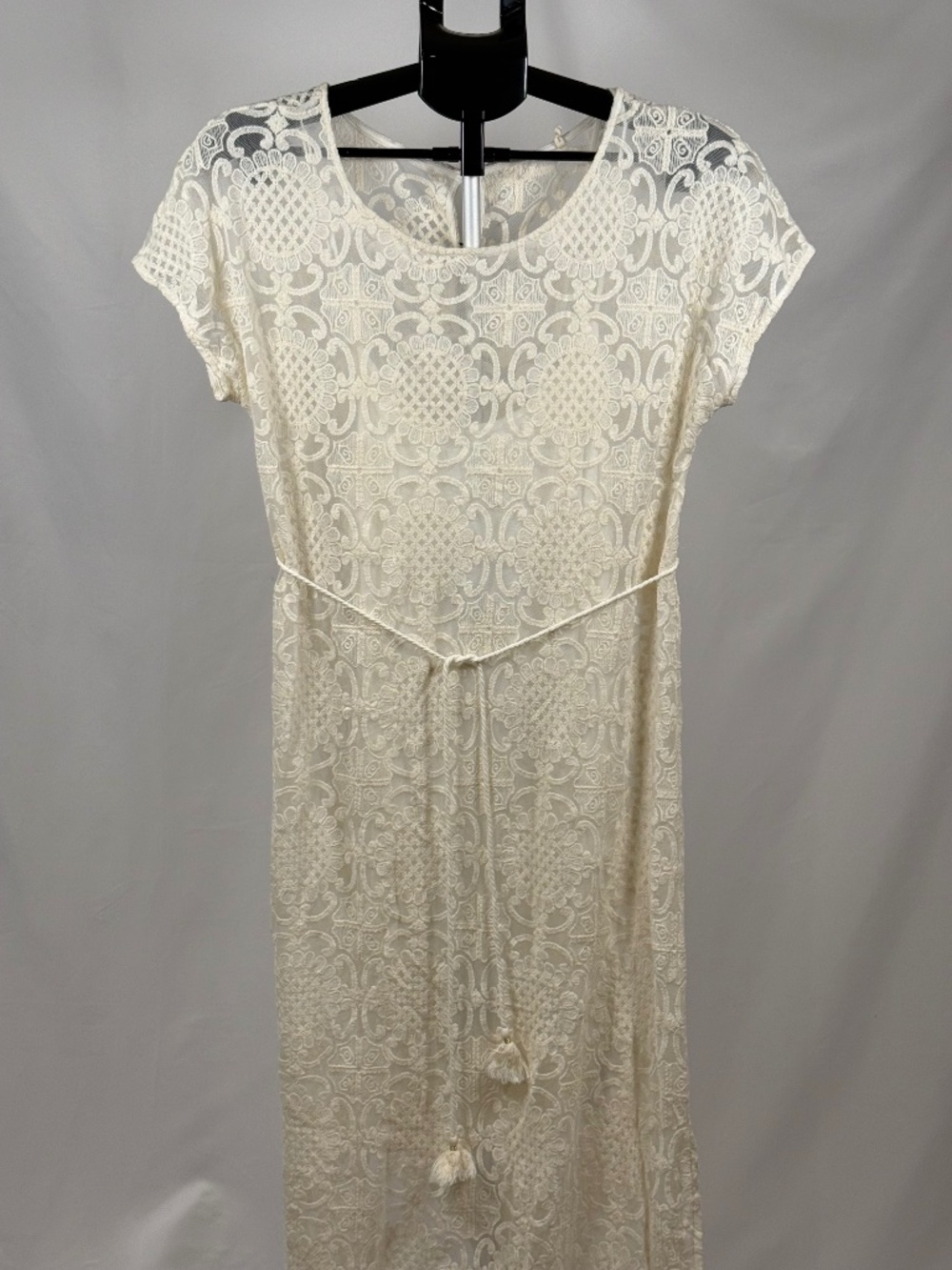 Anthropologie Ivory Lace Boho Midi Dress Tassel Tie Cottagecore Large